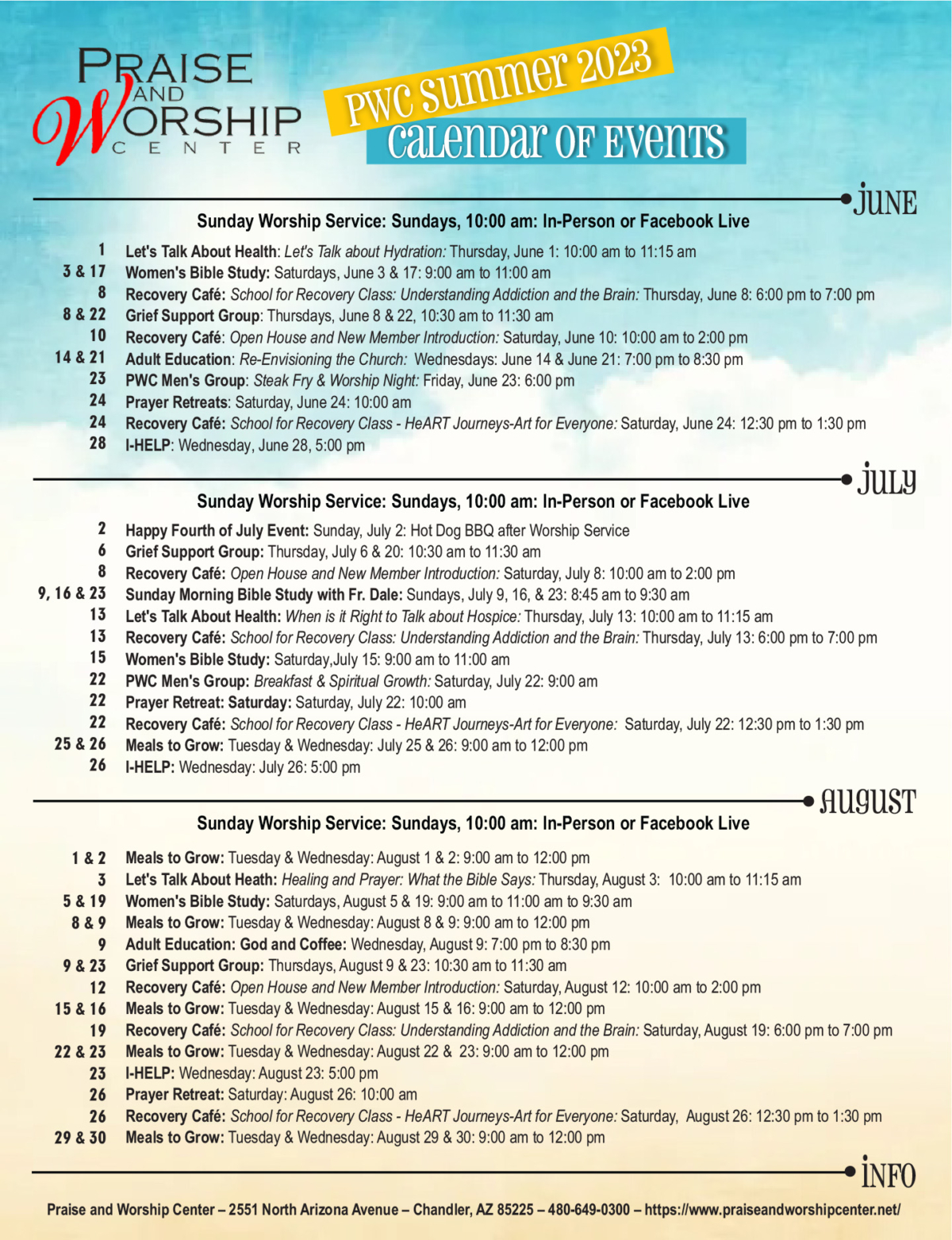 PWC Summer 2023 Calendar of Events Praise & Worship Center